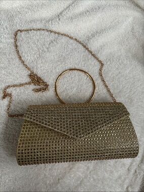 Gold Crystal-Embellished Evening Clutch with Chain